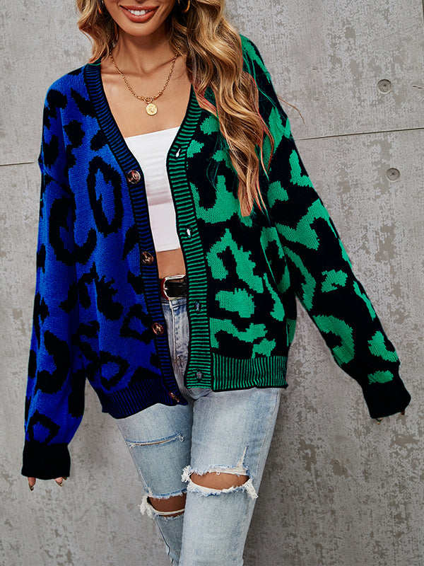 Long Sleeves Loose Buttoned Leopard Split-Joint V-Neck Cardigan Tops