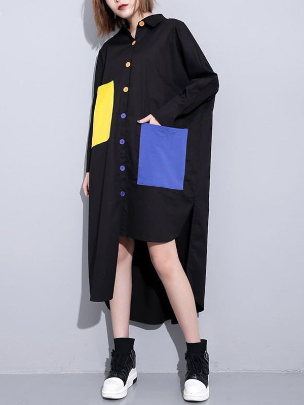 Long Sleeves Loose Asymmetric Buttoned Contrast Color Pockets Lapel Midi Dresses Shirt Dress