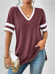 Loose Short Sleeves Split-Joint Split-Side Striped V-Neck T-Shirts Tops