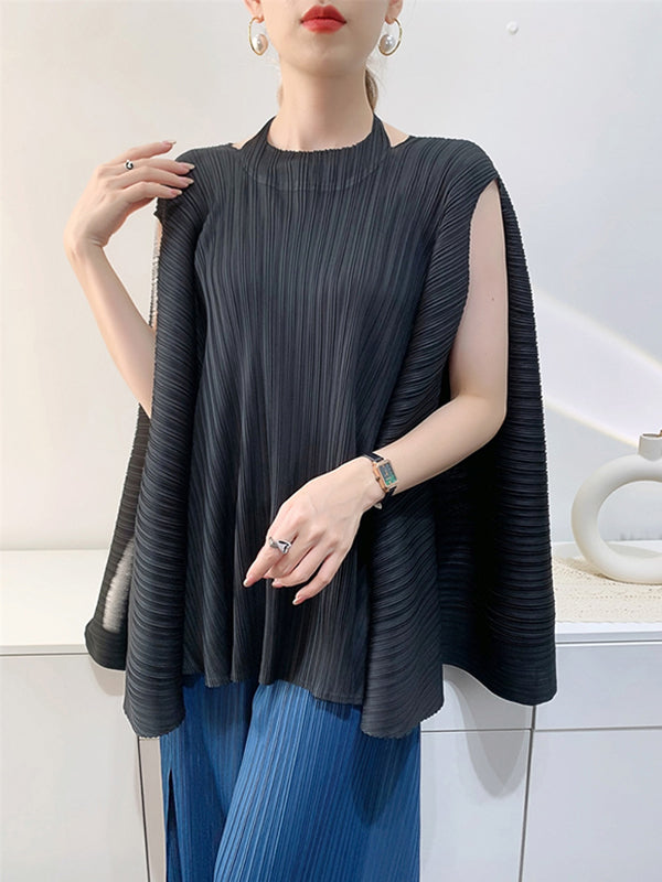 Loose Sleeveless Pleated Solid Color Halter-Neck T-Shirts Tops