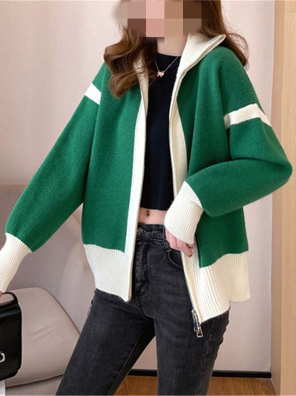 Casual Long Sleeves Contrast Color Zipper Stand Collar Cardigan Tops