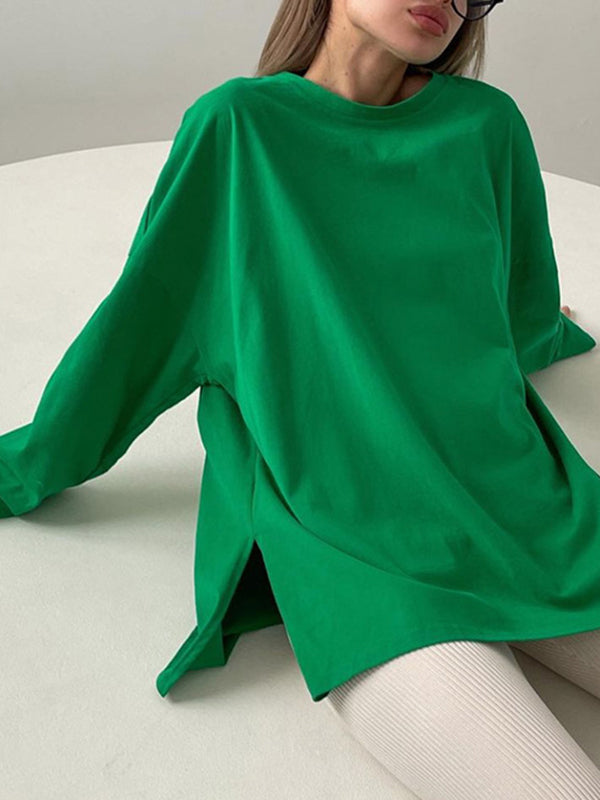 High-Low Long Sleeves Solid Color Split-Joint Split-Side Round-Neck T-Shirts