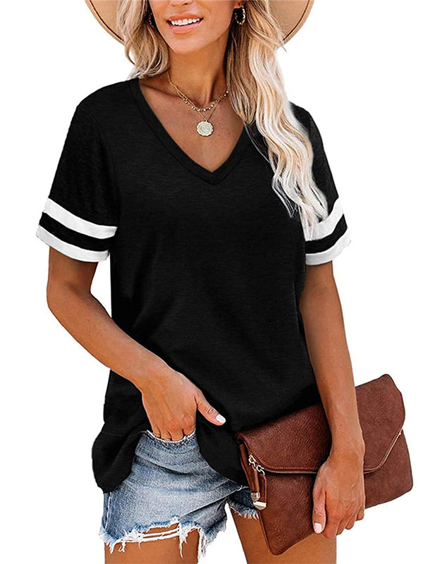 Loose Short Sleeves Contrast Color Striped V-Neck T-Shirts