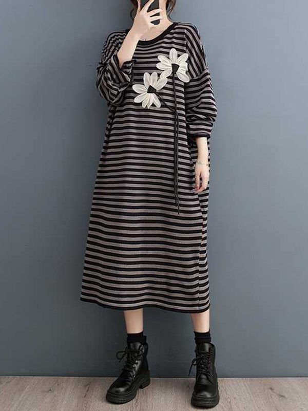 A-Line Long Sleeves Contrast Color Flower Print Keep Warm Striped Round-Neck Midi Dresses