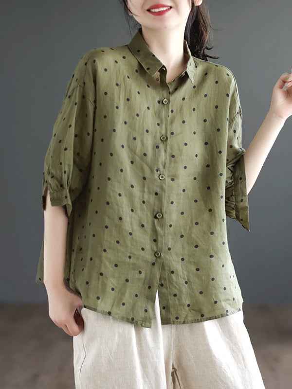 Half Sleeves Loose Polka-Dot Lapel Blouses&Shirts Tops