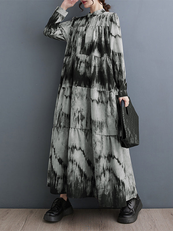 Long Sleeves Loose Pleated Split-Joint Tie-Dyed Stand Collar Midi Dresses