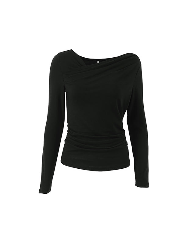 Long Sleeves Skinny Asymmetric Solid Color Asymmetric Collar T-Shirts Tops