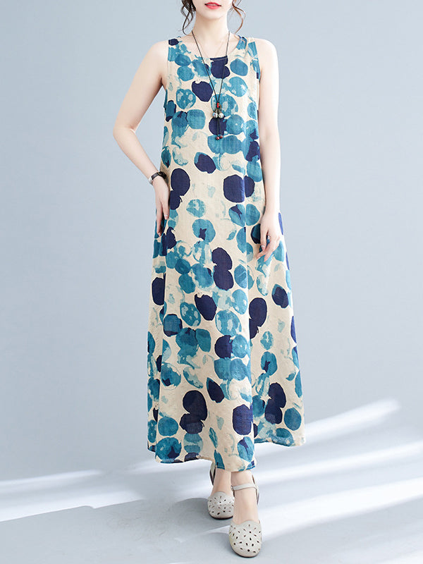 Loose Sleeveless Polka-Dot Round-Neck Maxi Dresses