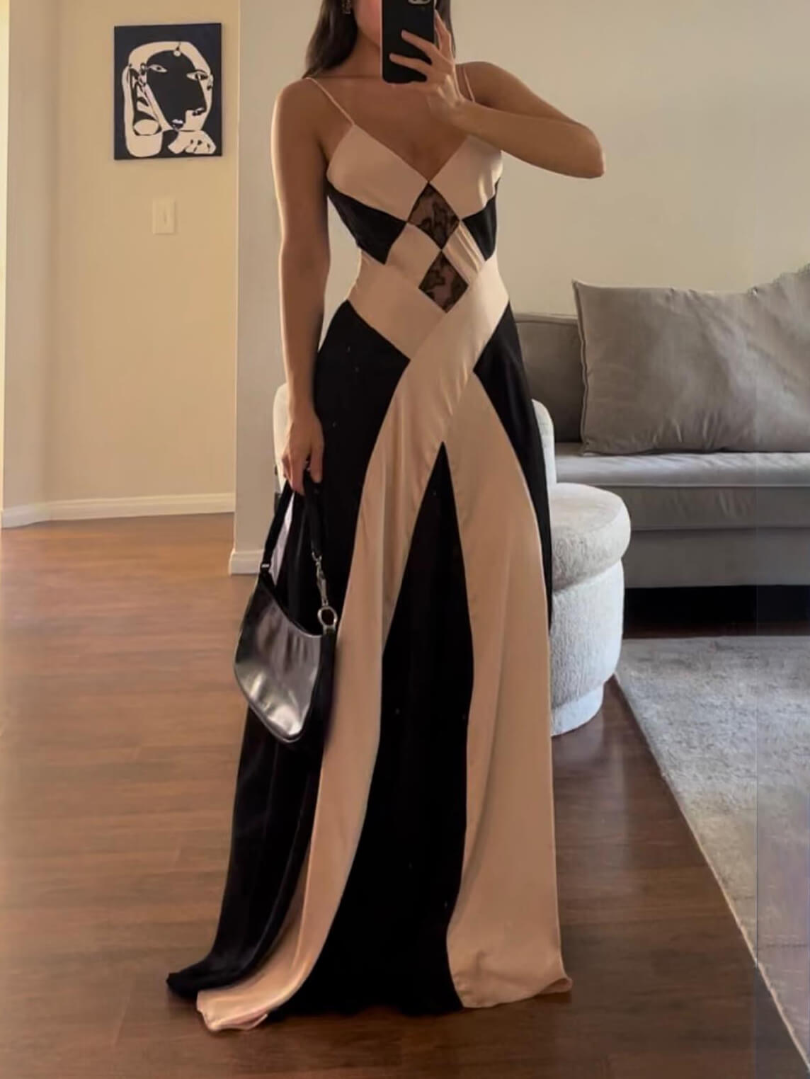 Satin Contrast Black Champagne Maxi Dress