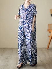 Loose Short Sleeves Floral Printed V-Neck Maxi Dresses