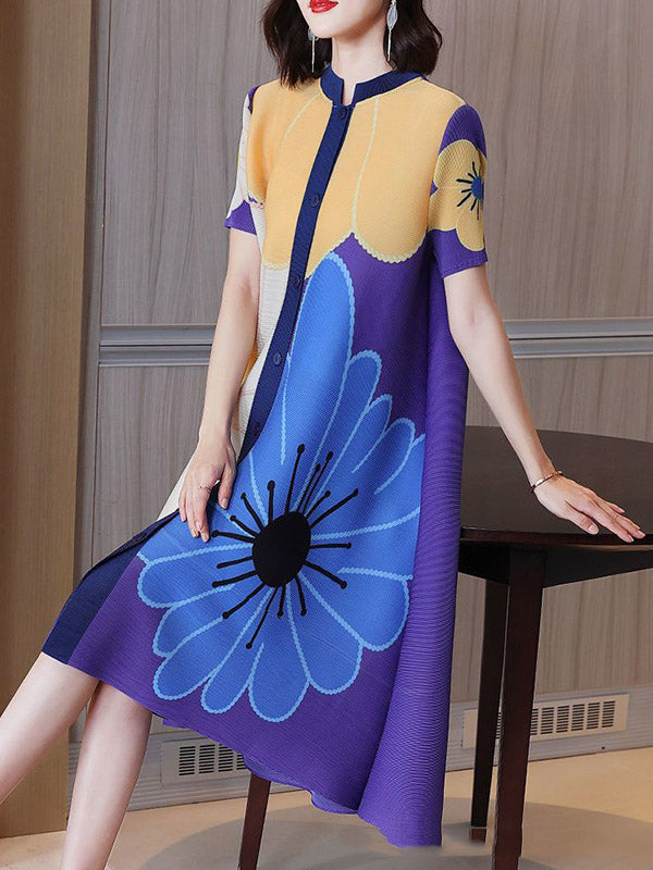 A-Line Loose Buttoned Flower Print Pleated Round-Neck Midi Dresses