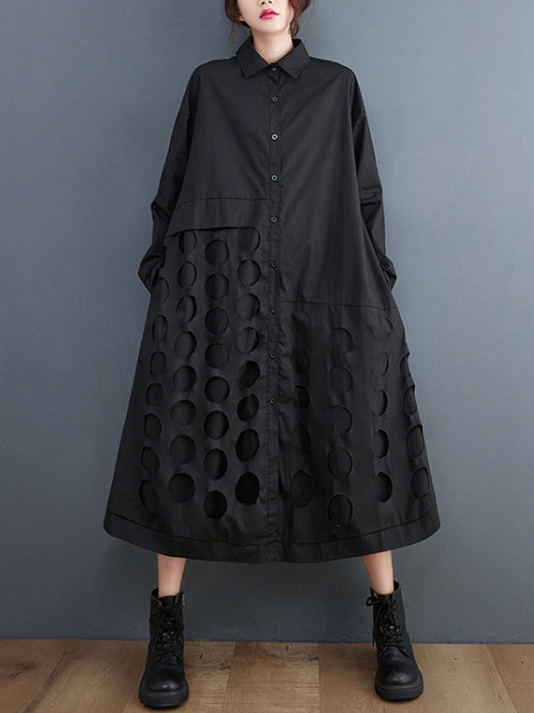 A-Line Long Sleeves Asymmetric Hollow Polka-Dot Solid Color Lapel Midi Dresses