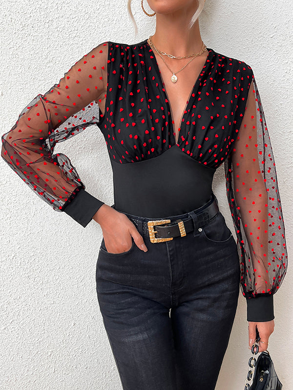 Puff Sleeves Skinny Pleated Polka-Dot See-Through Split-Joint V-neck Blouses&shirts Tops