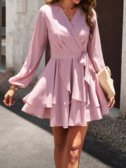 A-Line High Waisted Ruffled Solid Color Tied Waist V-Neck Mini Dresses