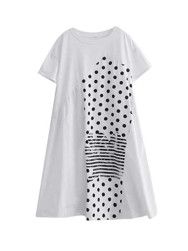 A-Line Loose Asymmetric Pockets Polka-Dot Split-Joint Round-Neck Midi Dresses