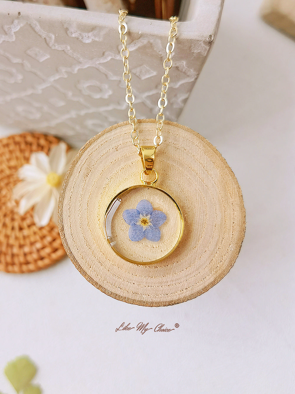 Forget Me Not Gold Plated Memorial Pressed Flower Pendant Necklace