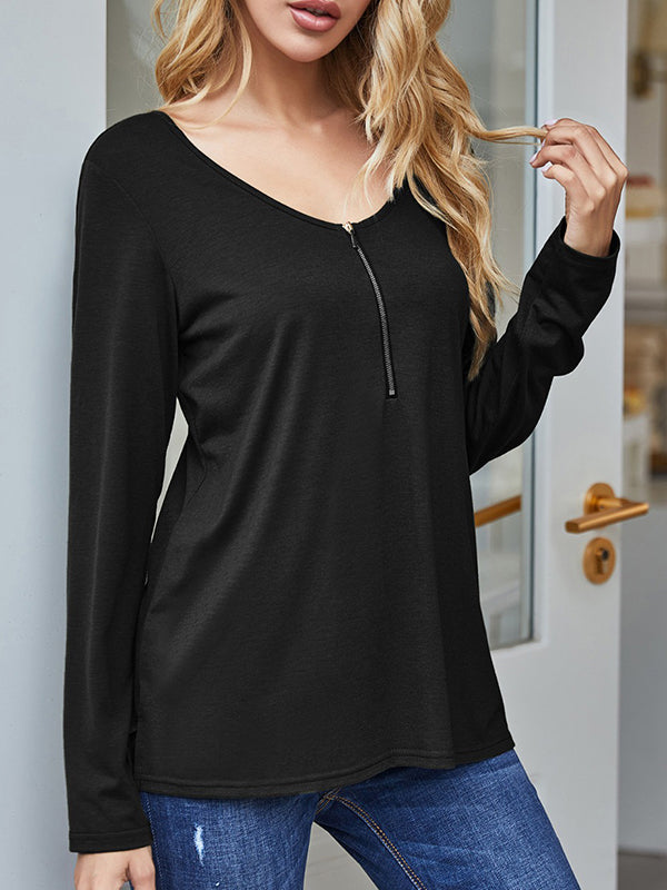 High-Low Long Sleeves Hollow Split-Side Zipper V-Neck T-Shirts Tops