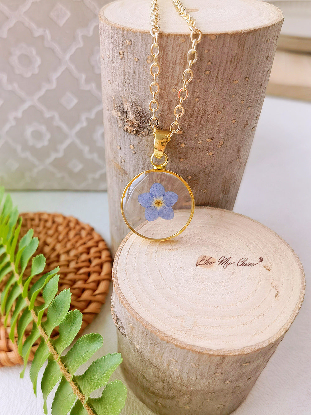 Forget Me Not Gold Plated Memorial Pressed Flower Pendant Necklace