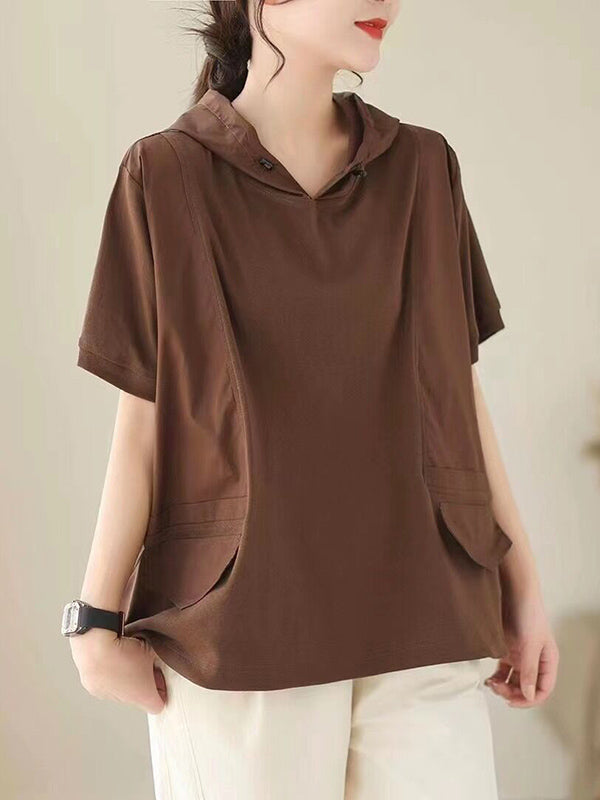 Hooded Loose Drawstring Solid Color Split-Joint Hooded T-Shirts Tops