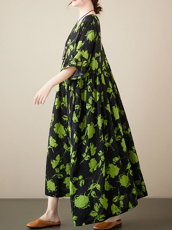 Loose Floral Pleated Round-Neck Midi Dresses