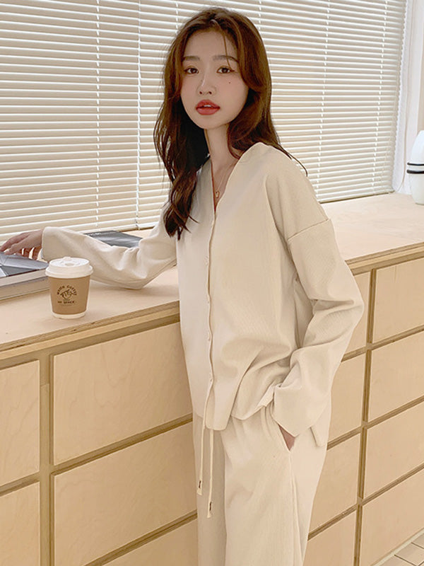 Solid Color Long Sleeves V-Neck Cardigan Tops & Pants Pajamas Set