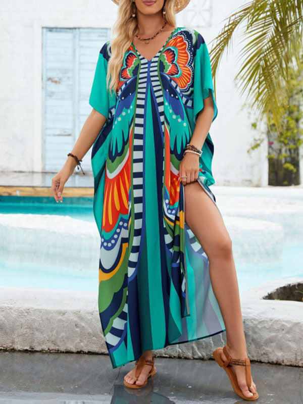 Batwing Sleeves Loose Printed Split-Joint Split-Side V-Neck Maxi Dresses