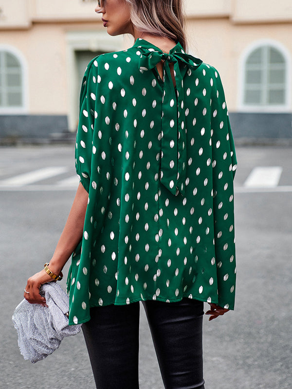 Loose Bandage Polka Dot Round-Neck Blouses&Shirts Tops