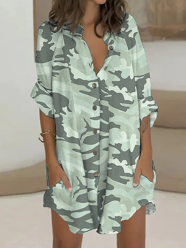 Long Sleeves Loose Buttoned Camouflage Lapel Mini Dresses Shirt Dress