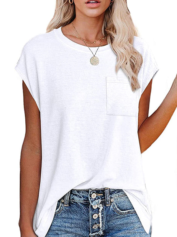 Simple Cotton-Blend Short Sleeves Round-Neck T-Shirt Top