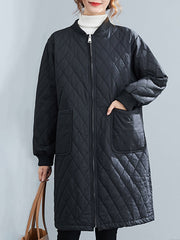 Long Sleeves Loose Pockets Quilted Solid Color Zipper Stand Collar Padded Coat