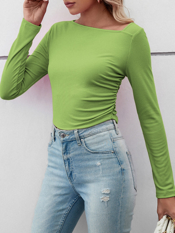 Long Sleeves Skinny Solid Color Asymmetric Collar T-Shirts Tops