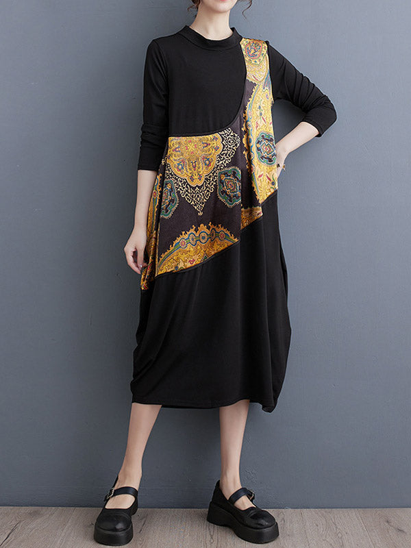 Long Sleeves Loose Asymmetric Printed Split-Joint Round-Neck Midi Dresses