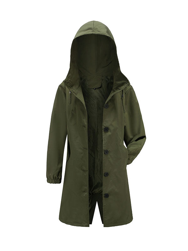 Long Sleeves Loose Buttoned Drawstring Elasticity Hooded Pockets Split-Back Waterproof High-Neck Trench Coats