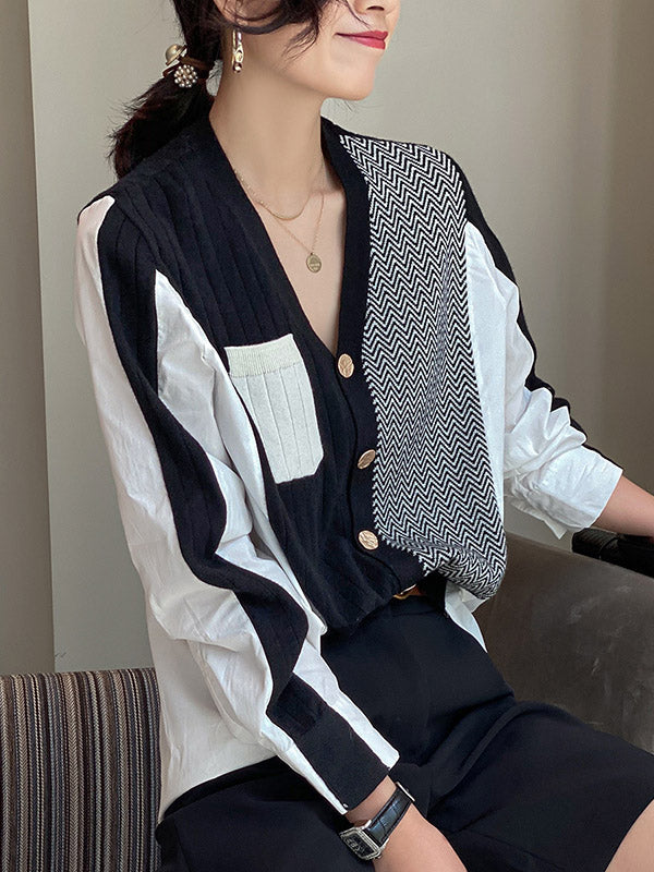 Original Loose Irregular Split-Joint Buttoned V-Neck Long Sleeves Sweater Blouse