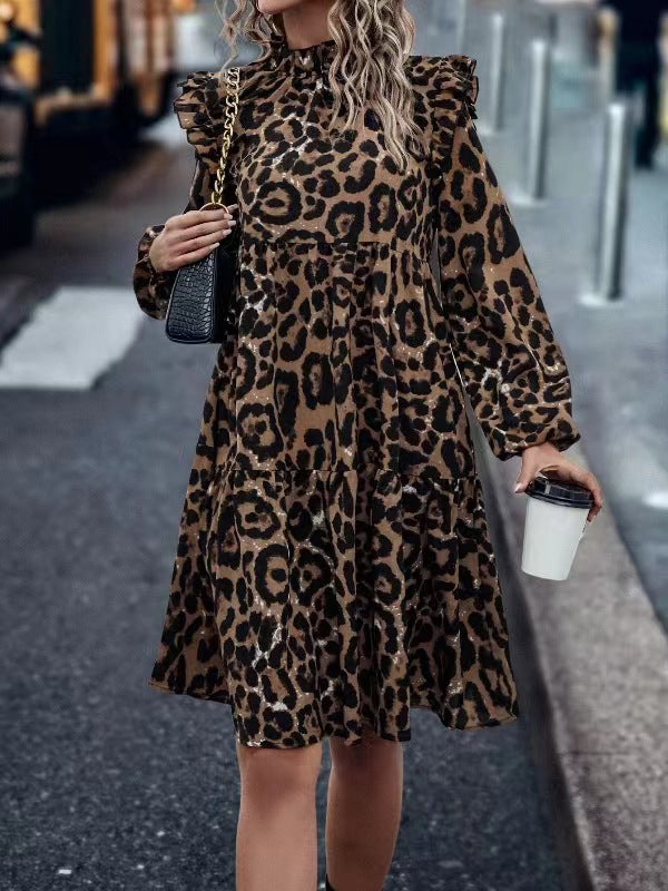 Loose Puff Sleeves Leopard Pleated Split-Joint Stand Collar Midi Dresses