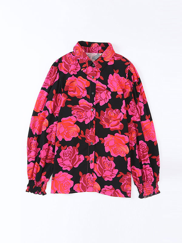 Long Sleeves Loose Buttoned Elasticity Flower Print Lapel Blouses&Shirts Tops