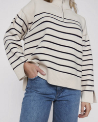 SAMA - ZIPPERED SWEATER WITH STRIPED TRICOT COLLAR