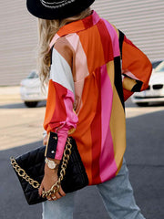 Long Sleeves Loose Contrast Color Printed Lapel Blouses