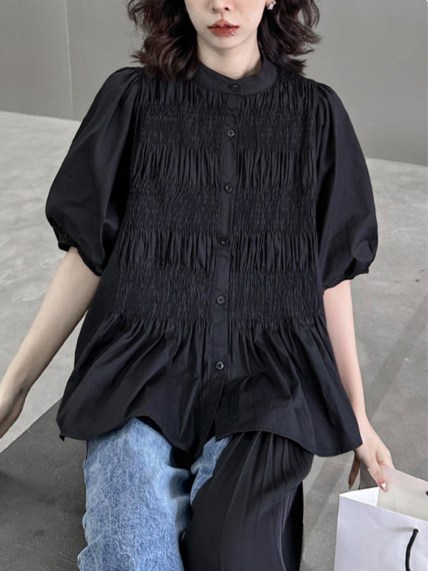 Loose Puff Sleeves Pleated Solid Color Round-Neck Blouses&Shirts Tops