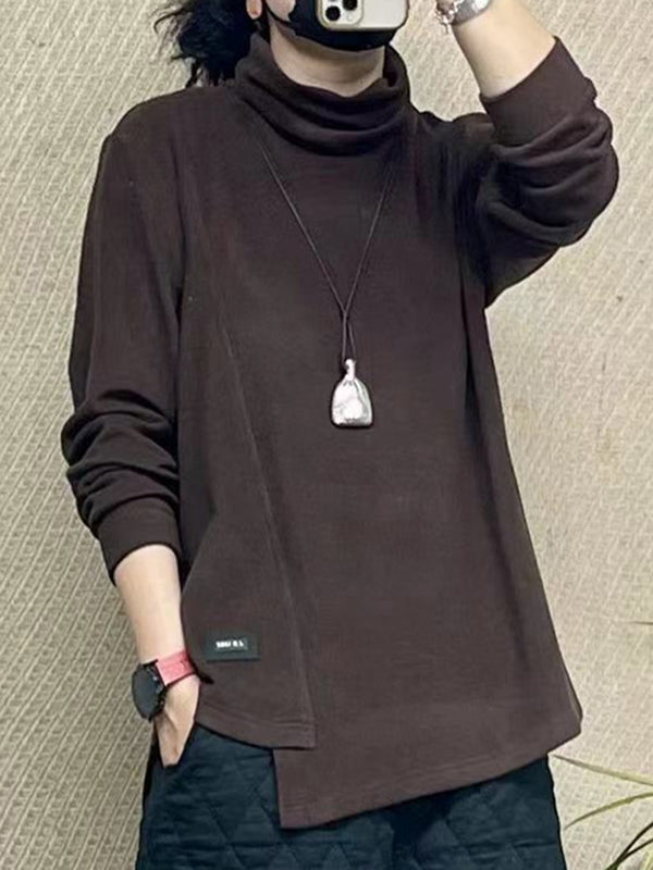 Long Sleeves Loose Asymmetric Solid Color High Neck T-Shirts Tops