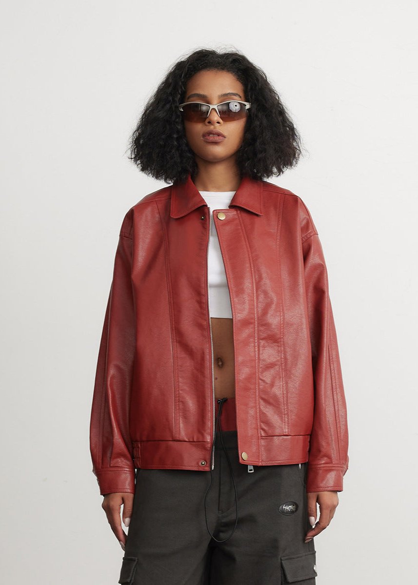 Cropped Red Leather Jacket - Unisex Fashion