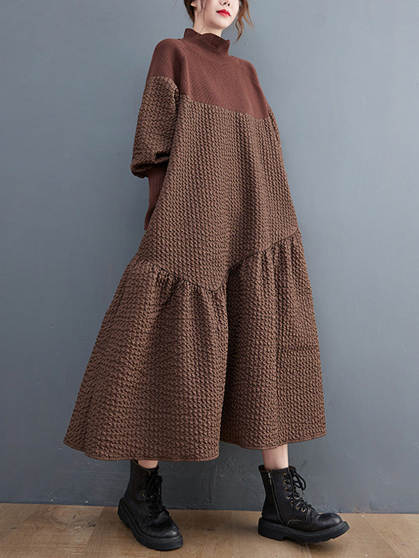 Casual Long Sleeves Loose Split-Joint Jacquard High-Neck Sweater Dresses