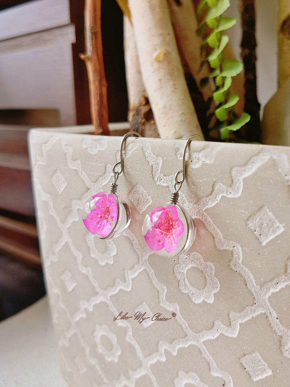 Cherry Blossom Earring Glass Ball Floral Nature Dangl