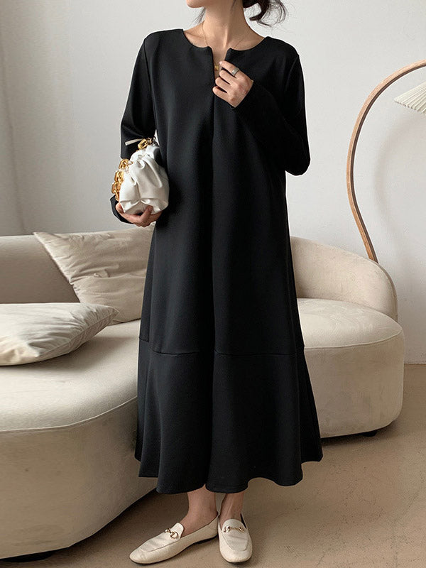 A-Line Long Sleeves Hollow Solid Color V-Neck Midi Dresses