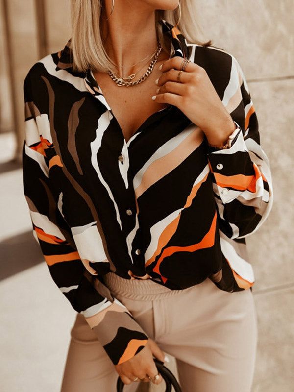 Long Sleeves Loose Buttoned Printed Lapel Blouses&Shirts Tops