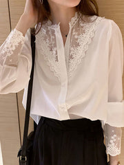 Urban Black White Lace Split-Joint Hollow Blouse