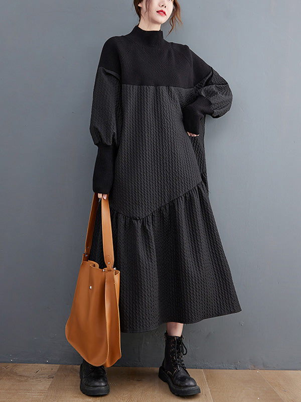 Casual Long Sleeves Loose Split-Joint Jacquard High-Neck Sweater Dresses