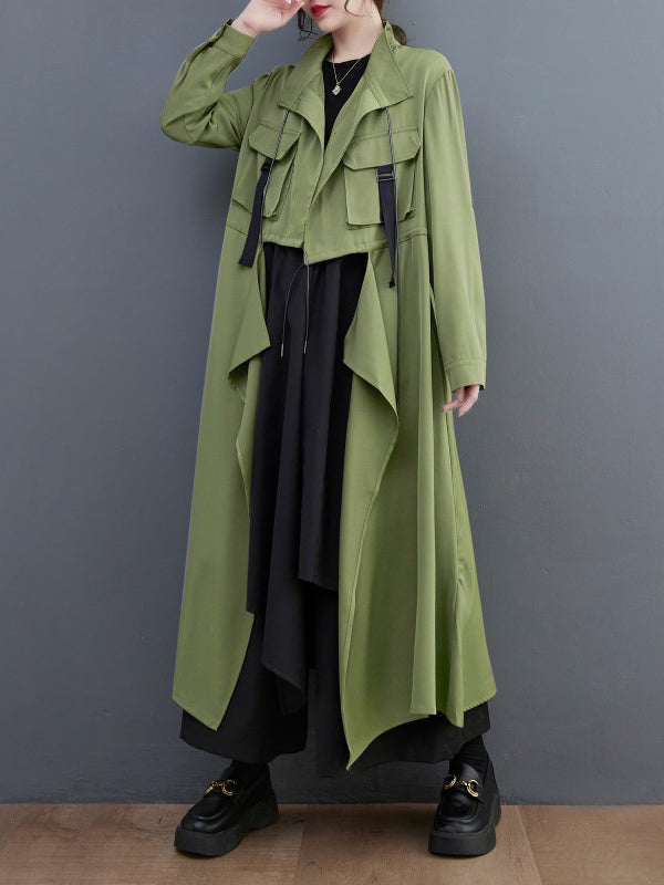 Loose Long Sleeves Drawstring Split-Joint Lapel Trench Coats