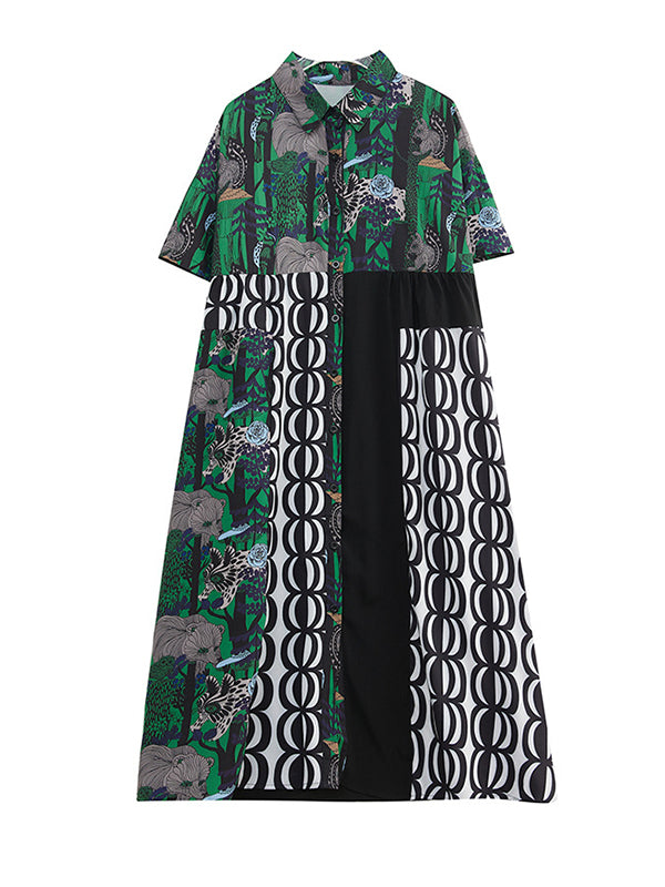 Short Sleeves Loose Printed Split-Joint Lapel Midi Dresses Shirt Dress