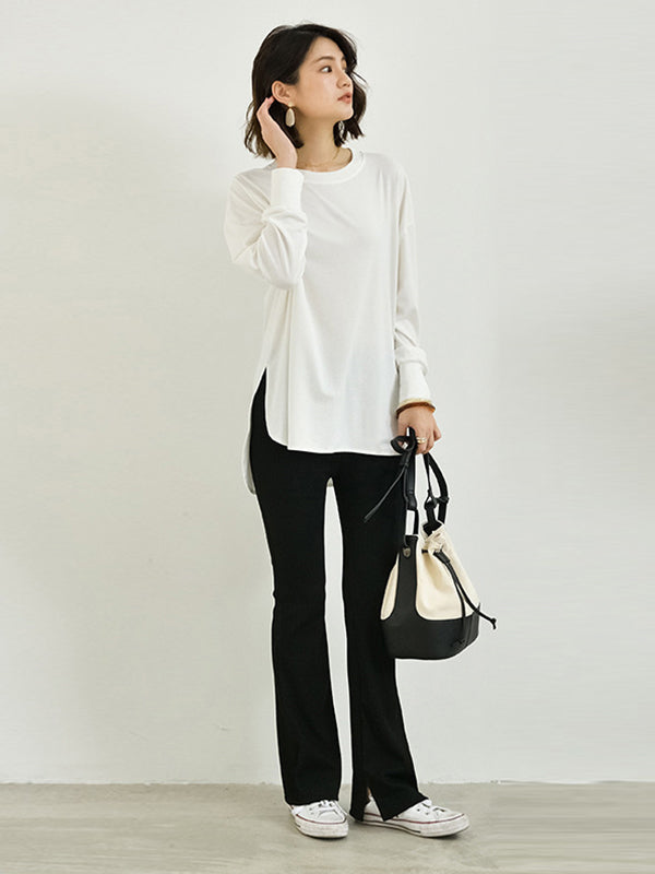 Simple Long Sleeves Loose Split-Side Solid Color Round-Neck T-Shirts Tops